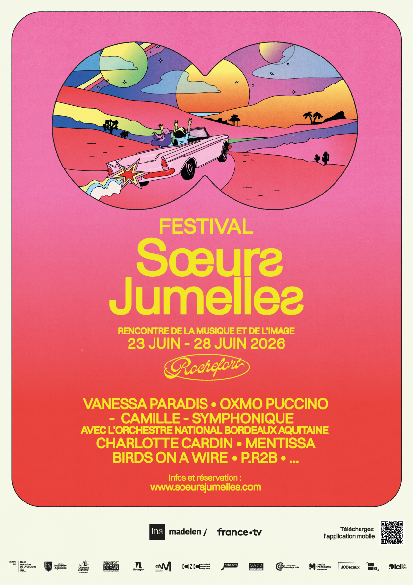 Affiche de l'édition 2026 du festival Sœurs Jumelles de Rochefort avec Vanessa Paradis, Charlotte Cardin ou encore Oxmo Puccino en têtes d'affiche.